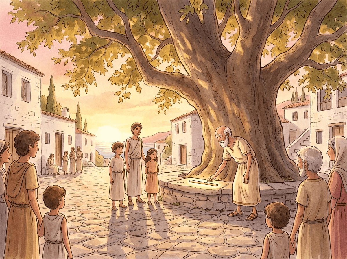 Aquarell, Abendstimmung in Gold und Rosé. Eine riesige alte Platane wirft Schatten über einen Dorfplatz mit weißen Häusern. Der alte Flötenbauer legt eine einzelne helle Flöte auf einen flachen Stein. Um ihn herum versammeln sich Dorfbewohner in einfachen Leinengewändern, gespannte Gesichter. Warmes, fast sakrales Licht zwischen den Blättern.
