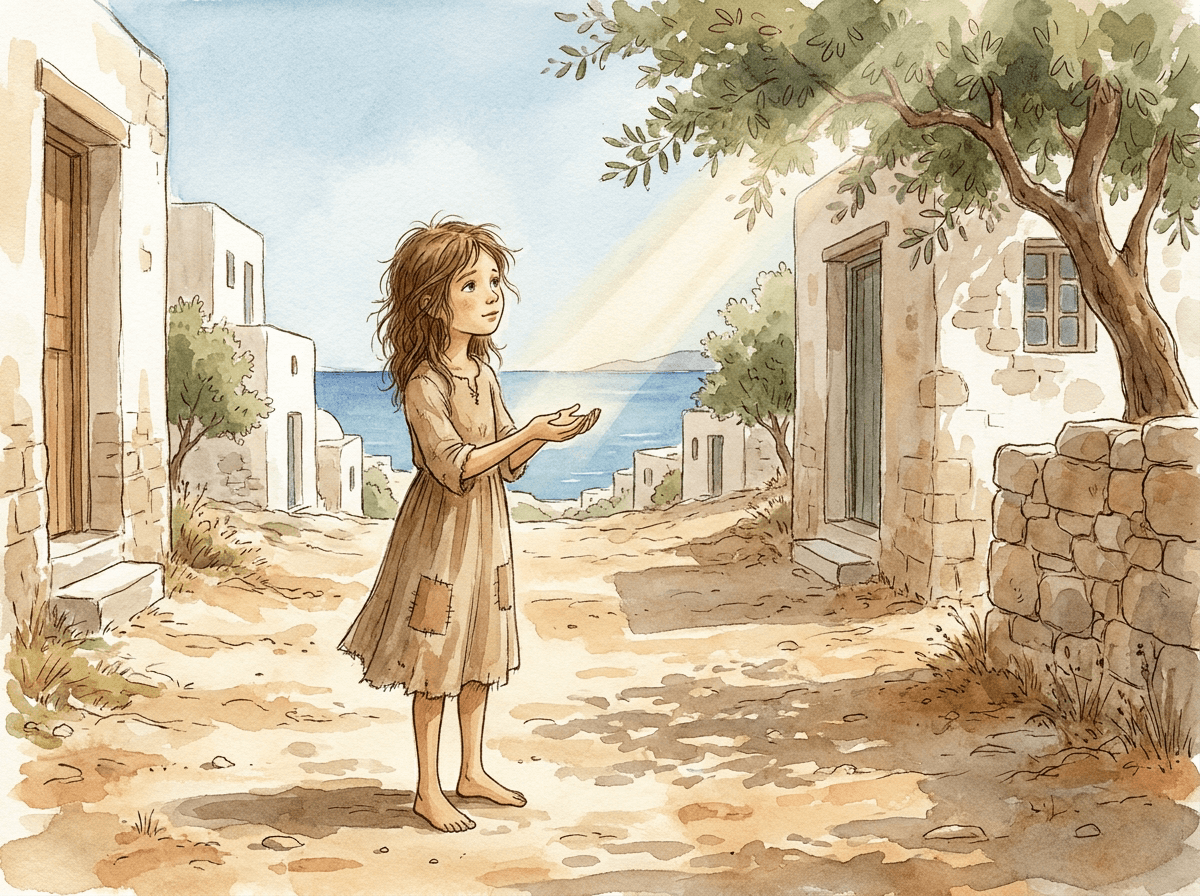 Aquarell, gedämpfte, zarte Erd- und Sandtöne. Ein schmales, barfüßiges Mädchen in einem geflickten Leinenkleid steht etwas abseits, die Hände leer und offen vor sich. Ihr Blick ist sanft, nicht klagend, sondern voller stiller Sehnsucht. Hinter ihr der staubige warme Boden, ein einzelner Sonnenstrahl fällt auf ihre leeren Hände.
