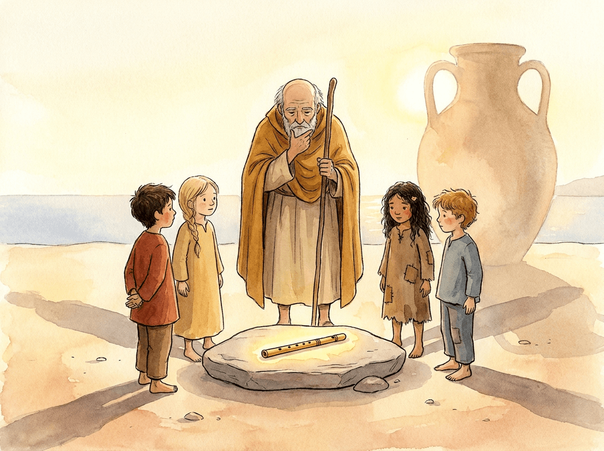 Aquarell, abendlich warmes Licht mit langen Schatten. Die alte, weise Reisende steht in der Mitte und blickt nachdenklich auf die vier Kinder, die im Halbkreis um den Stein mit der Flöte stehen. In ihrer Haltung Würde und Milde. Ganz fein im Hintergrund angedeutet, fast wie eine Erinnerung, die Silhouette eines großen Tonkrugs in der Sonne. Mediterranes Dämmerlicht.