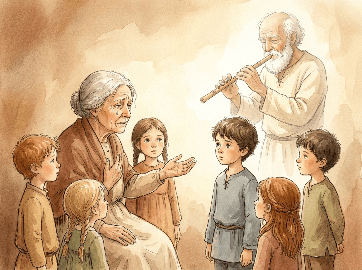 Aquarell, weiches Erinnerungslicht, etwas verschleiert wie ein Traum. Eine sehr alte Frau mit Tränen in den Augen spricht; um sie die lauschenden Kinder. Im Hintergrund, halb durchscheinend, das Erinnerungsbild des alten Flötenbauers Aristos, wie er einst spielte. Alle Blicke wenden sich langsam zu dem stillen Jungen Milo. Zarte, ergriffene Stimmung.