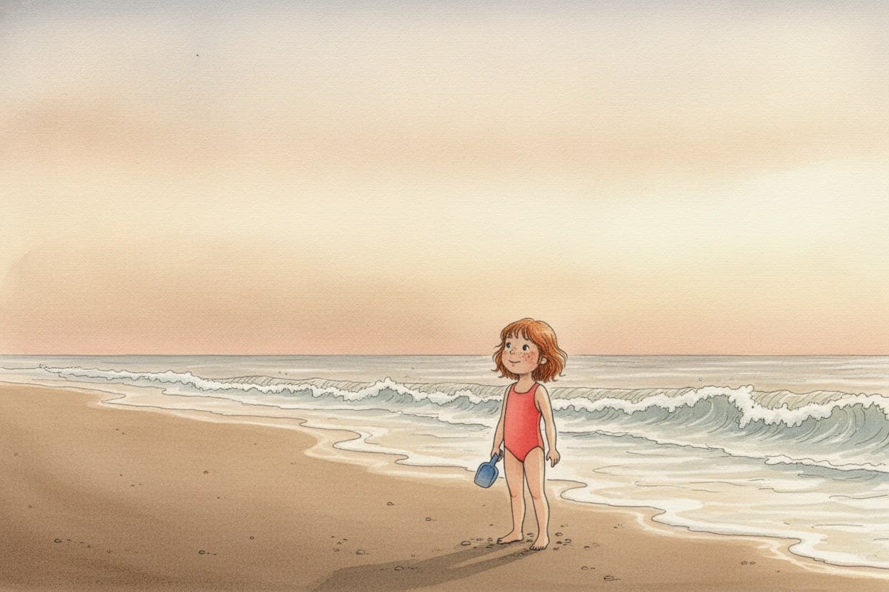 Weiter Strand am Morgen, Hanna mit Schaufel, der Sand noch glatt und dunkel.