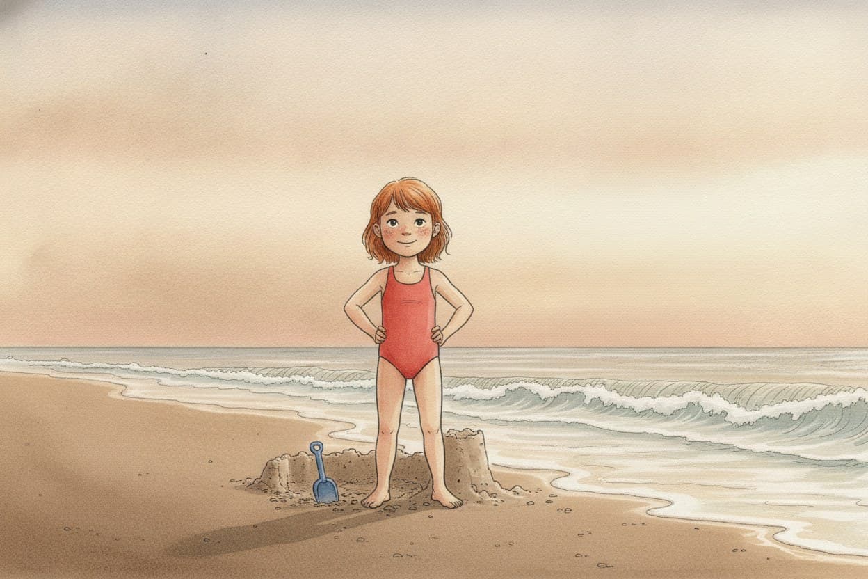 Hanna steht auf, Hände in die Hüften, stolz; im Hintergrund ist das Wasser etwas näher.