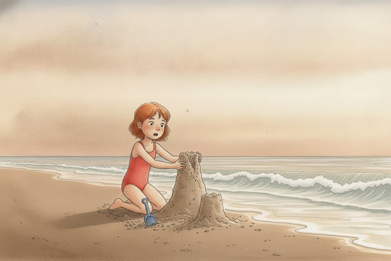 Eine Welle nimmt den ersten Turm mit, Hanna auf Knien im nassen Sand.