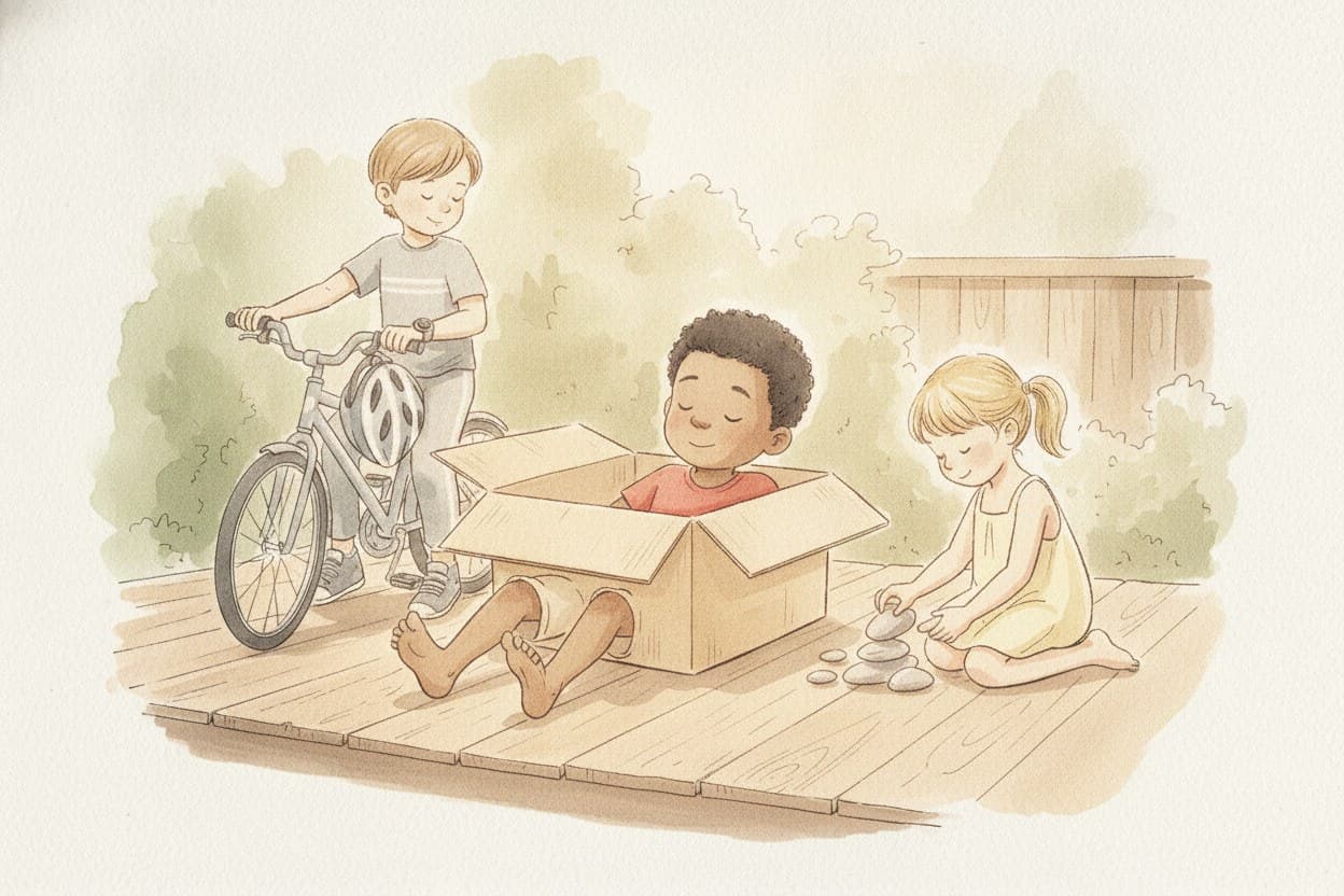 Beide Jungen und Pia im und am Karton, alle im Sonnenfleck, das Fahrrad steht vergessen an der Wand.