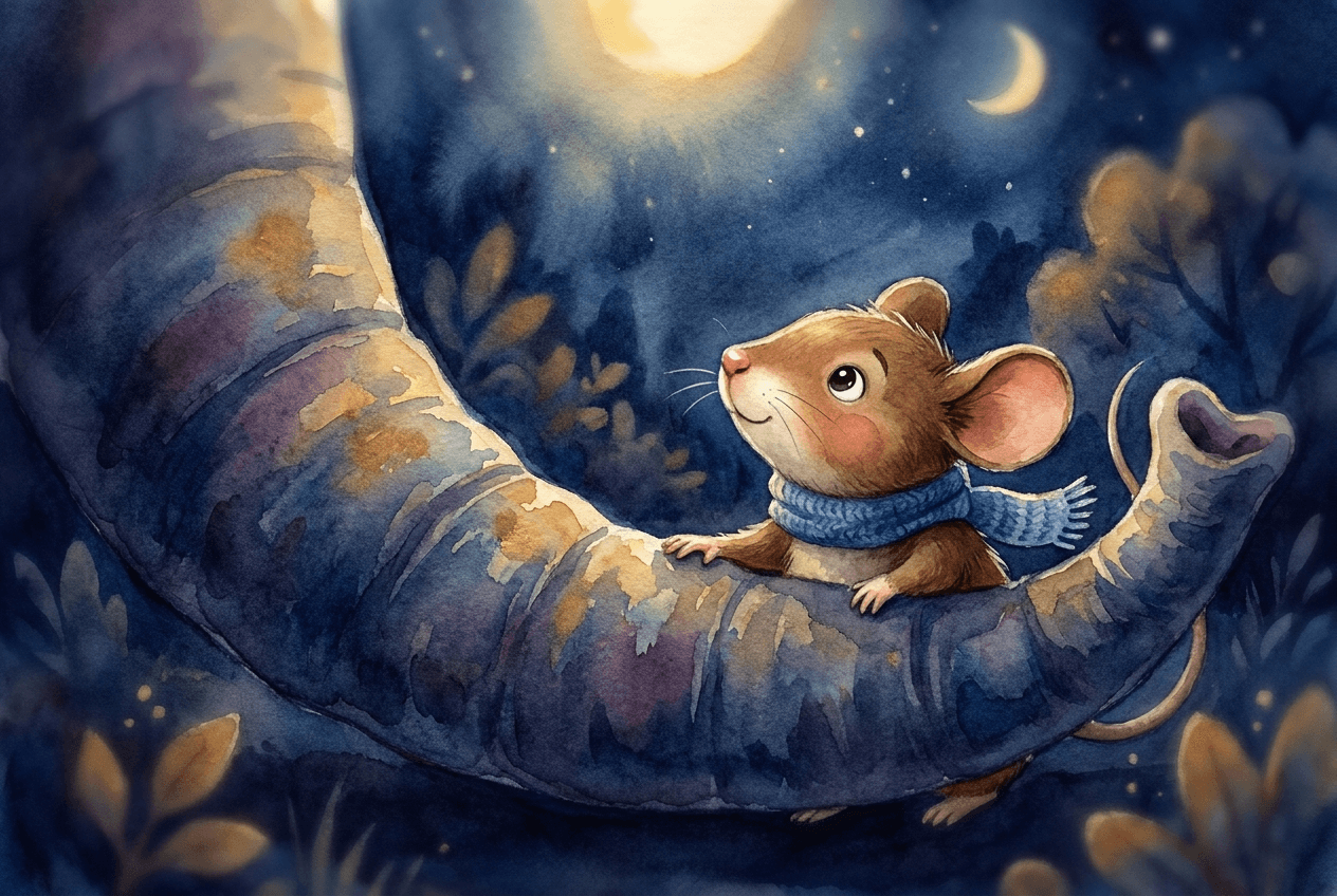Nahaufnahme: Maras kleine Pfote auf der glatten, biegsamen Oberfläche des Rüssels; Maus mit großen Augen, Mondlicht von oben.
