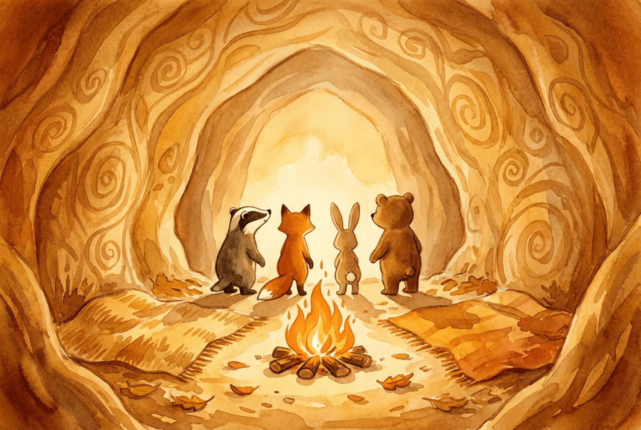 Die Tiere stehen zwischen Feuer und Lichtsaum; offen, ob sie hinausgehen – ein Moment des Staunens, keine Belehrung.