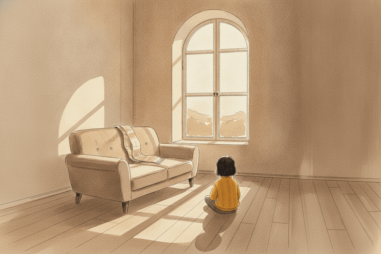 Querformat 3:2; atmosphärisches Aquarell und Tinte, lockere Federlinie, sichtbare Pinselspuren, feines Papierkorn, körnig und handgemalt; gedämpfte warme Erdtöne, niedrige Sättigung mit EINEM einzigen gesättigten Akzent (Milas Senfgelb), sonst keine zweite kräftige Farbe. Titelbild: ein leeres Sofa am Fenster, auf dem Sofakissen liegt ein zusammengefalteter Schal. Auf dem Boden davor sitzt Mila (acht Jahre, kurze dunkle Haare, senfgelber Strickpullover – der einzige gesättigte Farbakzent im ganzen Buch), von hinten zu sehen, klein im weiten Raum. Weiches Spätnachmittagslicht. Seelenvolles, ruhiges Bild, wenige Linien, keine Kulleraugen, kein Disney-Glanz, kein Vektor-/3D-/Render-Look.