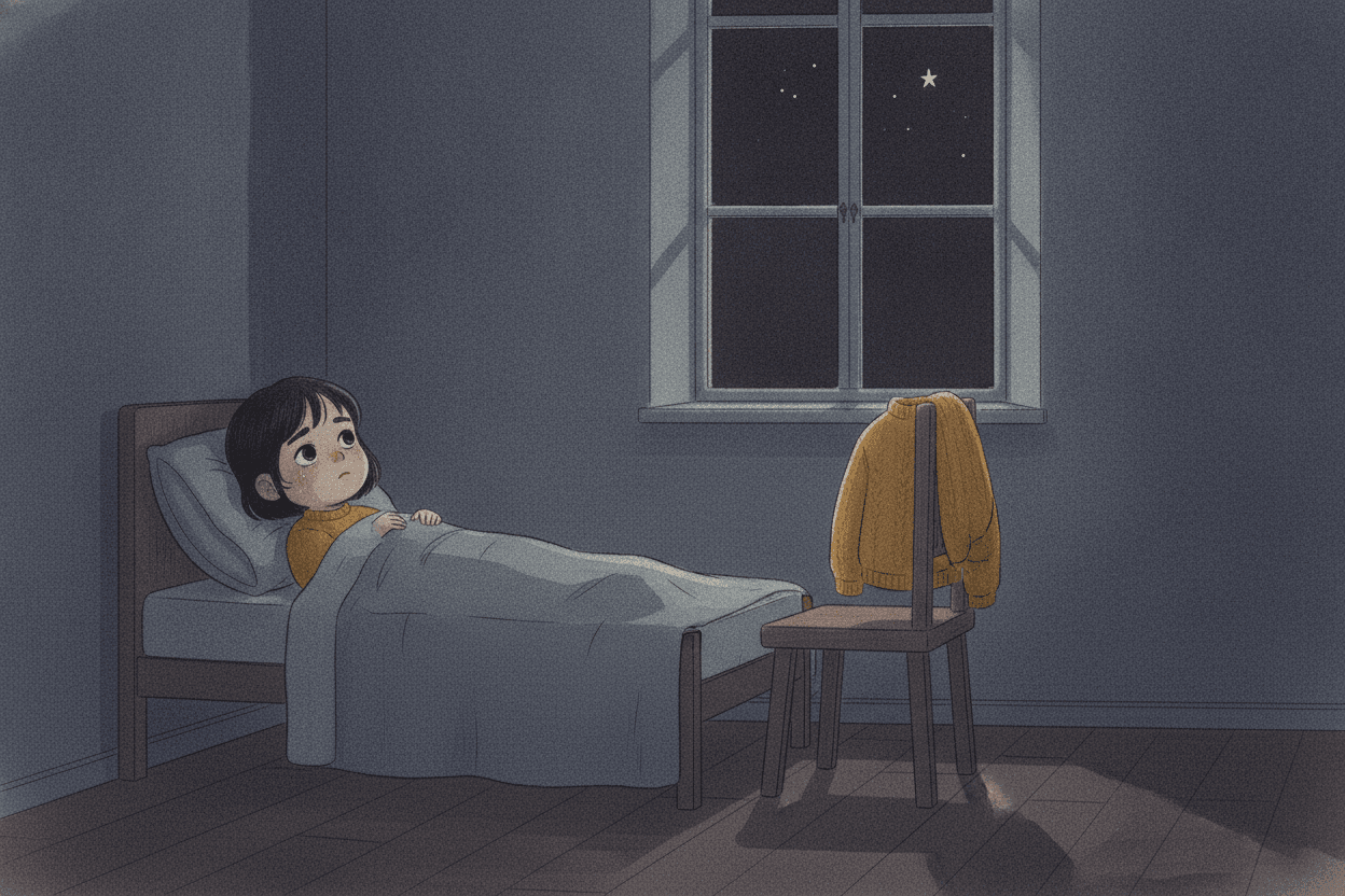 Querformat 3:2; Aquarell und Tinte, kühle gedämpfte Nachttöne, viel dunkler Raum, Papierkorn, ein einziger gesättigter Akzent (der senfgelbe Pullover). Mila liegt wach in ihrem Bett, Wangen noch feucht vom Weinen, die Augen offen, der senfgelbe Pullover über einem Stuhl daneben (der einzige Akzent im fast dunklen Zimmer). Durch das Fenster der eine ferne Stern, klein und kalt. Milas Gesicht ist traurig und nachdenklich zugleich, nicht weinerlich-niedlich.