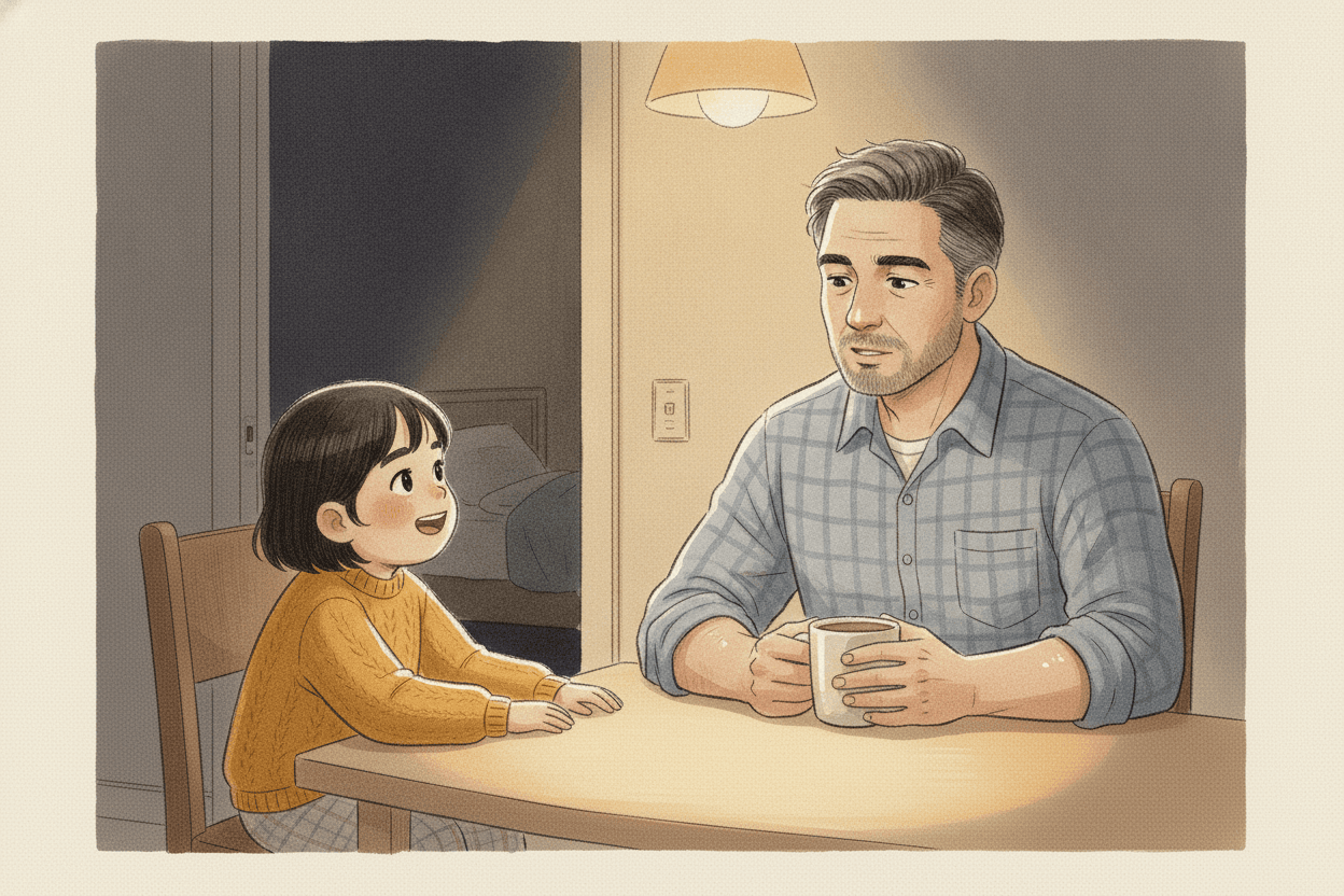 Querformat 3:2; Aquarell und Tinte, warmes Lampenlicht in einer ansonsten dunklen Wohnung, Papierkorn, sichtbare Pinselspuren, ein einziger gesättigter Akzent (Milas Senfgelb). Mila (senfgelber Pullover über dem Schlafanzug) sitzt bereits am Küchentisch, ihrem Vater gegenüber; sie ist nicht mehr im Türrahmen, sondern angekommen. Ihr Vater (kräftige Statur, graue Schläfen, gedämpft taubenblaues Flanellhemd, kein rotes Muster) schaut zunächst in eine Tasse zwischen seinen Händen – nicht sofort zu Mila, das Innehalten ist sichtbar – und legt im Sprechen seine Hand auf Milas Hand. Wach, müde und offen. Zwei Menschen, die einander wirklich ansehen, nachdem er die Frage erst hat sacken lassen. Warmer, intimer Lichtkreis. Durch die angelehnte Tür im Hintergrund ist schwach das dunkle Schlafzimmer angedeutet, in dem die Mutter ruht.