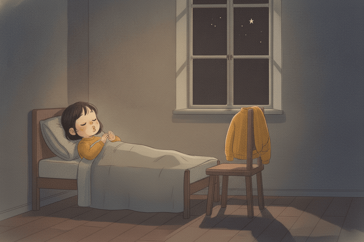 Querformat 3:2; Aquarell und Tinte, gedämpfte warme Nachttöne, Papierkorn, ein einziger gesättigter Akzent (der senfgelbe Pullover über dem Stuhl). Mila liegt wieder in ihrem Bett, ruhiger als auf S.5, die Lippen leicht gespitzt, als pfeife sie lautlos die Melodie nach; sie betrachtet im schwachen Licht die eigenen Hände, die Augen nach innen gerichtet, ruhig, nicht angestrengt. Der ferne Stern noch im Fenster, doch sie schaut ihn nicht mehr an. Sanftes Nachtlicht, warmer Lichtsaum um Mila.