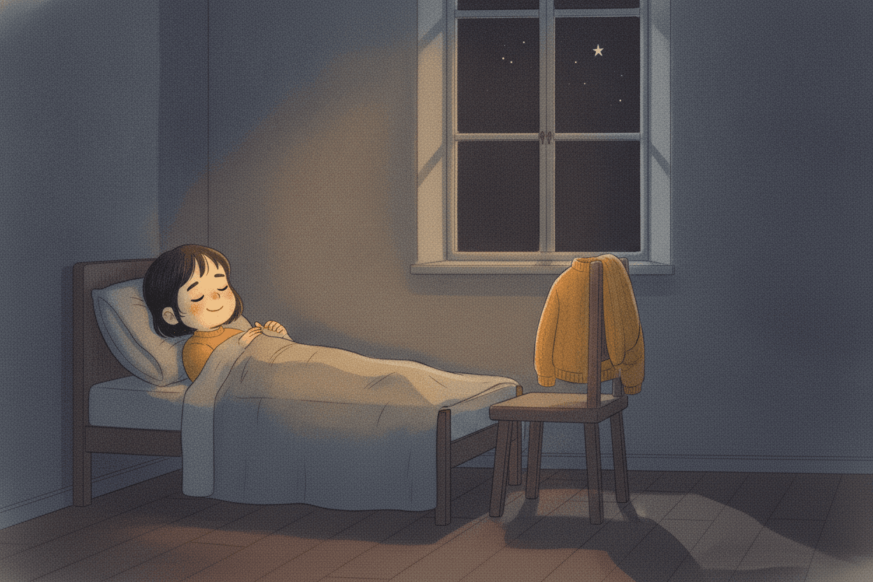 Querformat 3:2; Aquarell und Tinte, ruhige Nachttöne, aber wärmer als auf Seite 5, Papierkorn, ein einziger gesättigter Akzent (der senfgelbe Pullover über dem Stuhl). Mila liegt im Bett, die Augen offen, ruhig und zufrieden. Der ferne Stern ist noch da, aber sie schaut ihn nicht mehr an; sie betrachtet ihre eigenen Hände im schwachen Licht. Friedliches, warmes Nachtlicht.
