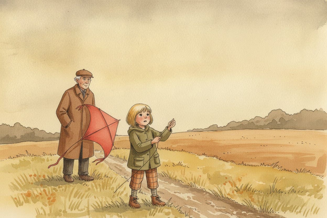 Merle und Opa Fried gehen über den Feldweg, der Drachen unterm Arm, Herbstlicht.