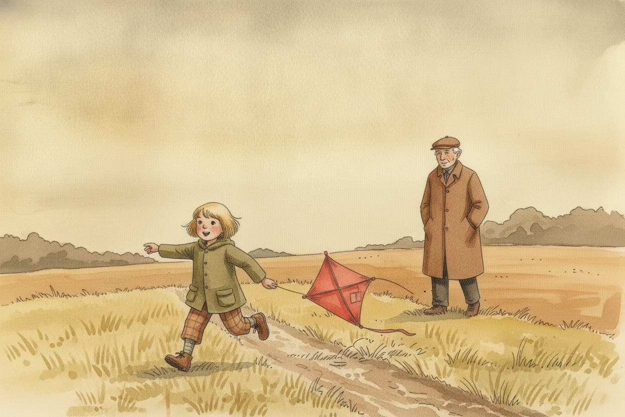 Merle rennt los, Drachen hüpft hinter ihr her, streift den Boden.