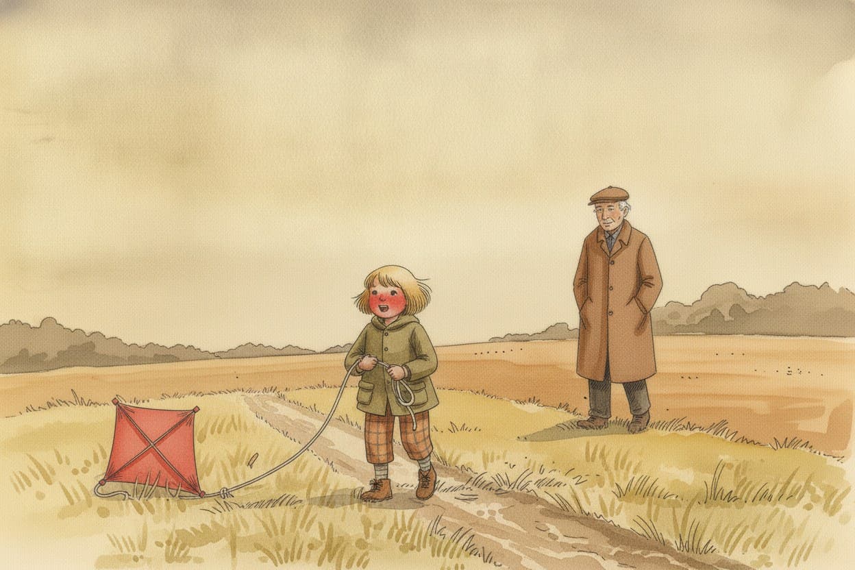 Merle rot im Gesicht, Schnur um die Faust gewickelt, Drachen im Gras.