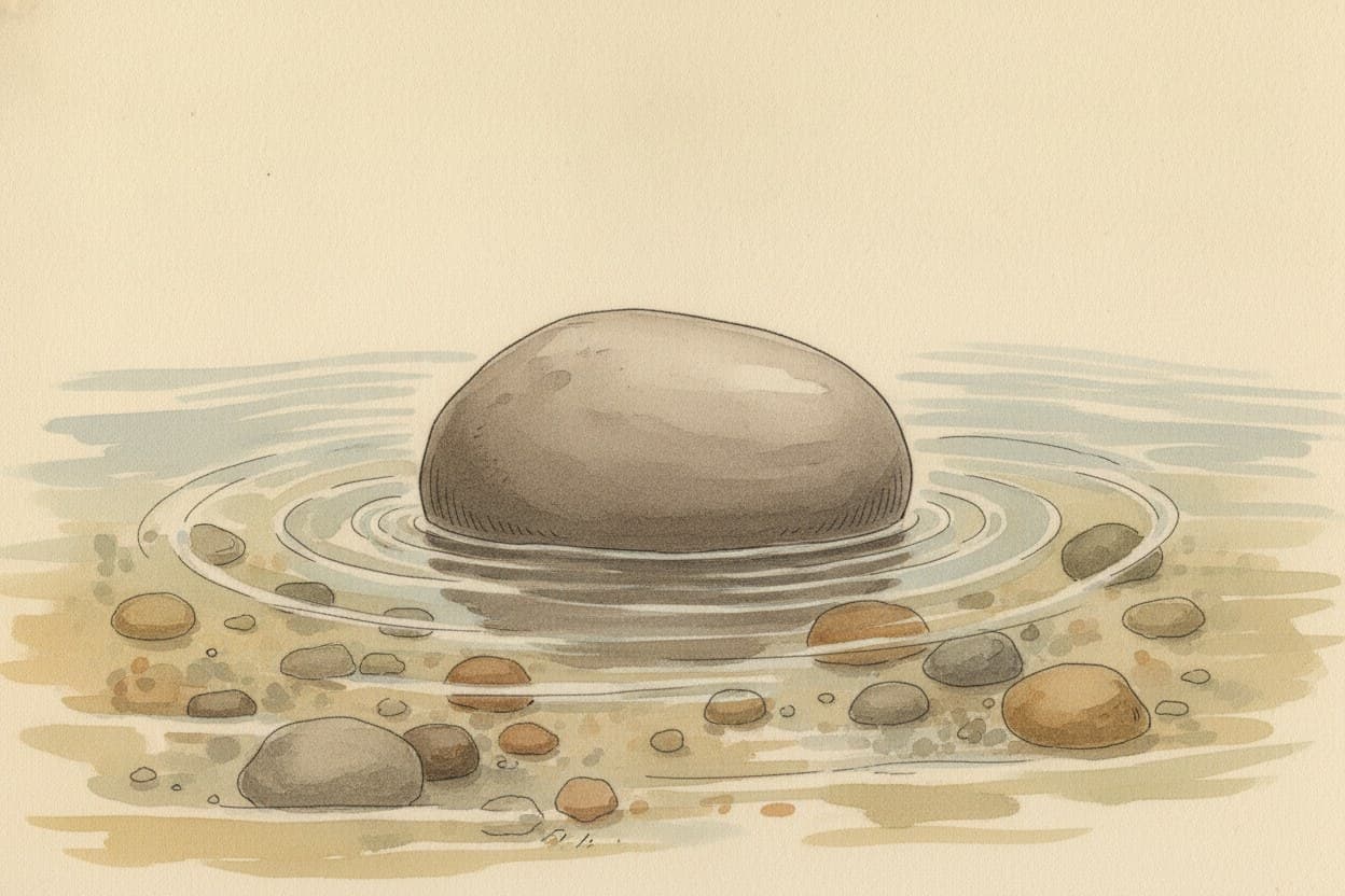 Nahaufnahme Wasser um den Stein, kleine Wirbel, glattgeschliffene Kanten.