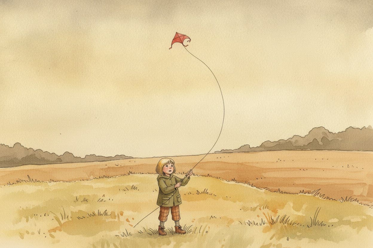 Drachen hoch am Himmel, Schnur in leichtem Bogen, Merle klein darunter, Mund offen.