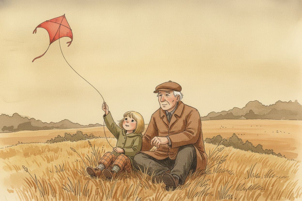 Merle und Opa Fried sitzen im Gras, Schnur zwischen zwei Fingern, Abendlicht.