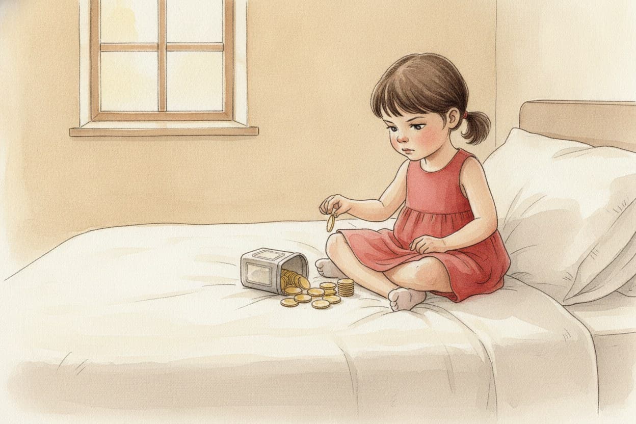 Rosa schüttet Münzen aus einer Blechdose aufs Bett, zählt mit dem Finger.