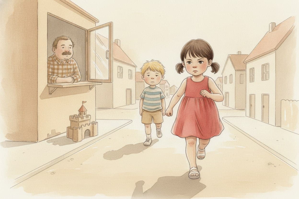 Rosa geht die Straße hinunter, Jonte hinterher, Sommer, flimmernder Asphalt.