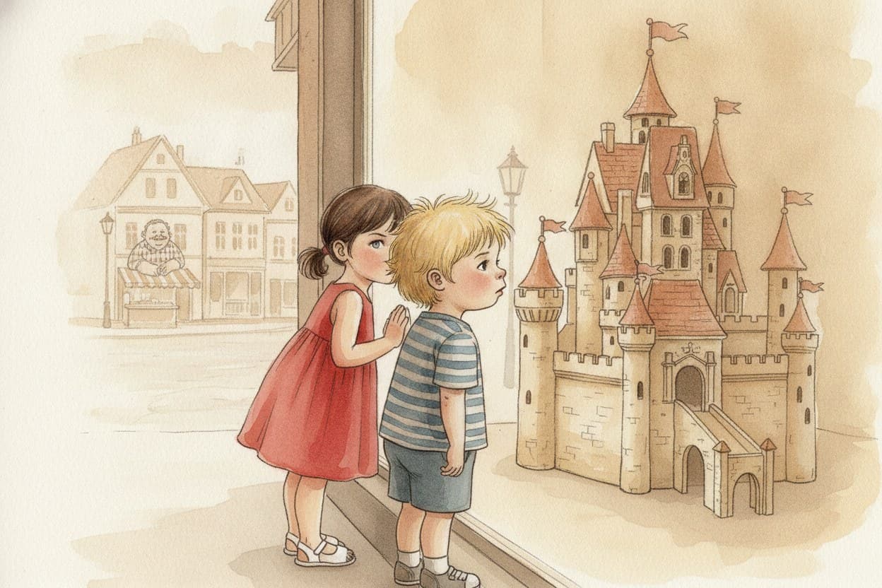 Vor dem Schaufenster, die Burg groß im Glas, beide Kinder klein davor.