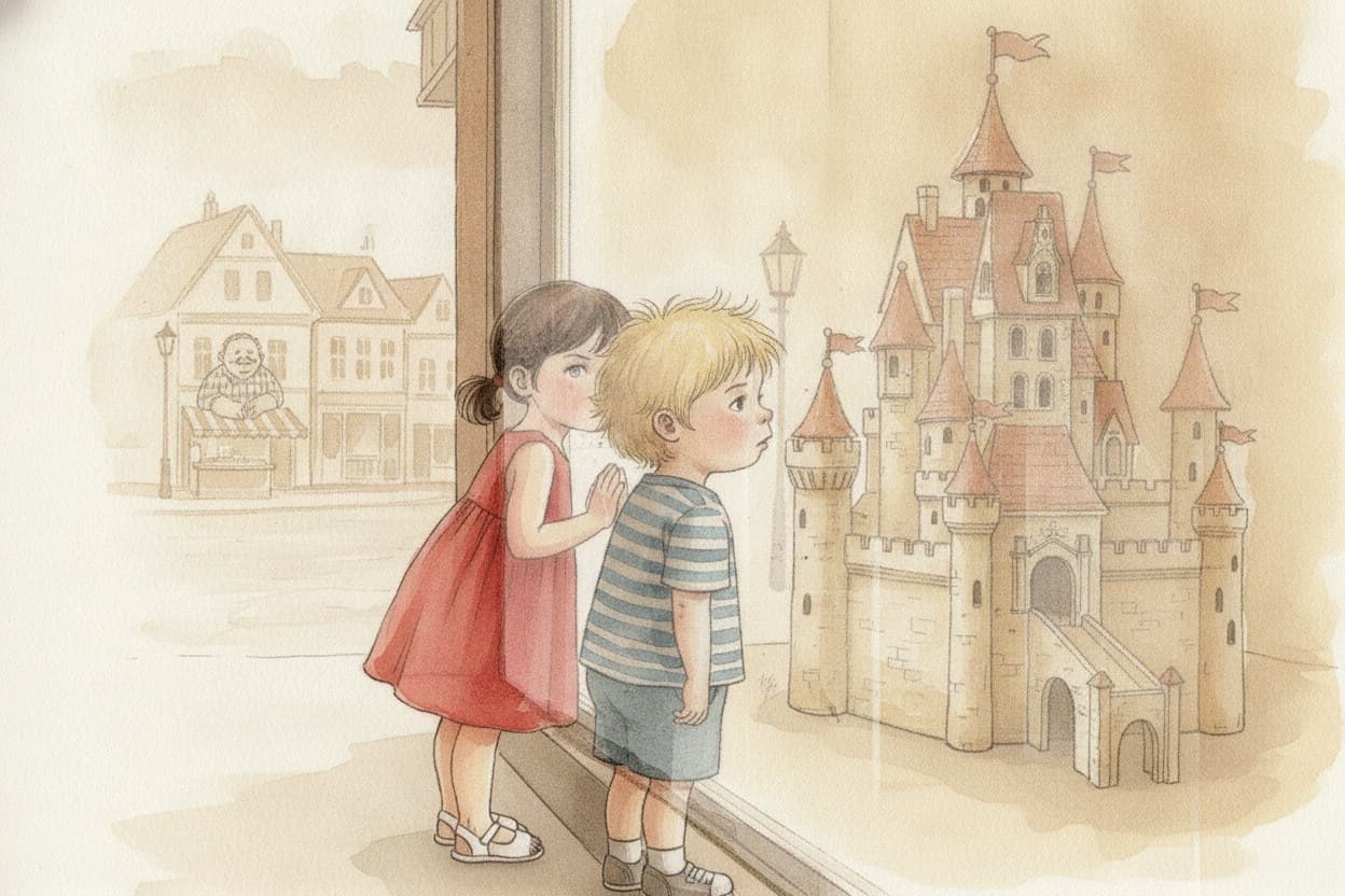 Nahaufnahme: Rosas Spiegelbild und Jontes Spiegelbild im Fensterglas, dahinter die Burg.