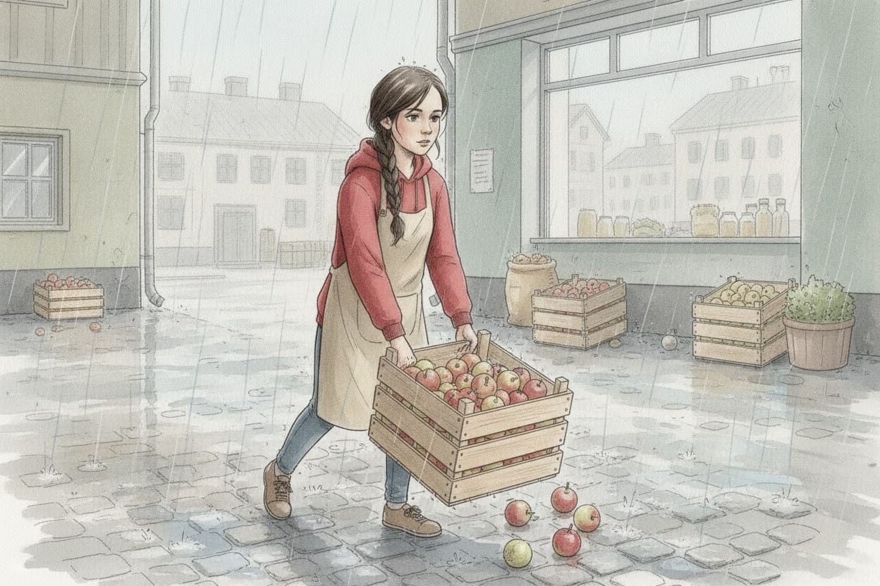 Ein Mädchen schleppt eine schwere Apfelkiste durch einen Hof, Regen, die Haare kleben an der Stirn.