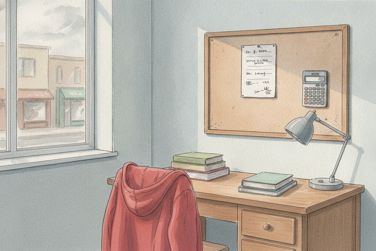 Ein Mädchenzimmer, an der Wand eine handgeschriebene Liste an einer Pinnwand, daneben ein Sparbuch und ein Taschenrechner.