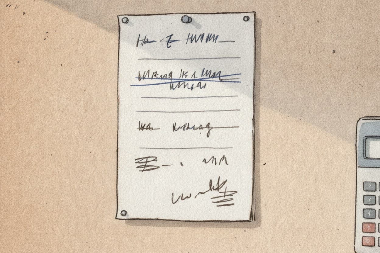 Nahaufnahme der Liste, drei Punkte sind durchgestrichen, einer bleibt stehen; darunter in anderer Handschrift eine neue Zeile.