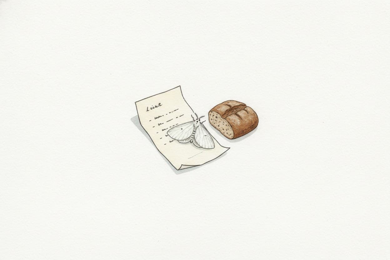Sehr helle, fast leere Seite: ein zusammengefaltetes Blatt Papier mit einer kurzen Liste, daneben ein Stück Brot; auf dem Papier sitzt ein blasser, fast weißer Falter.