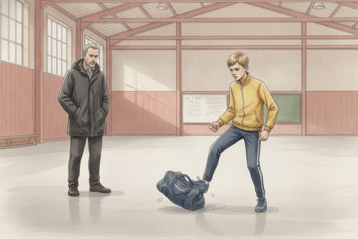 Ein Junge tritt wütend gegen seine Sporttasche, sie rutscht über den Hallenboden; ein Trainer steht daneben, die Hände in den Jackentaschen.