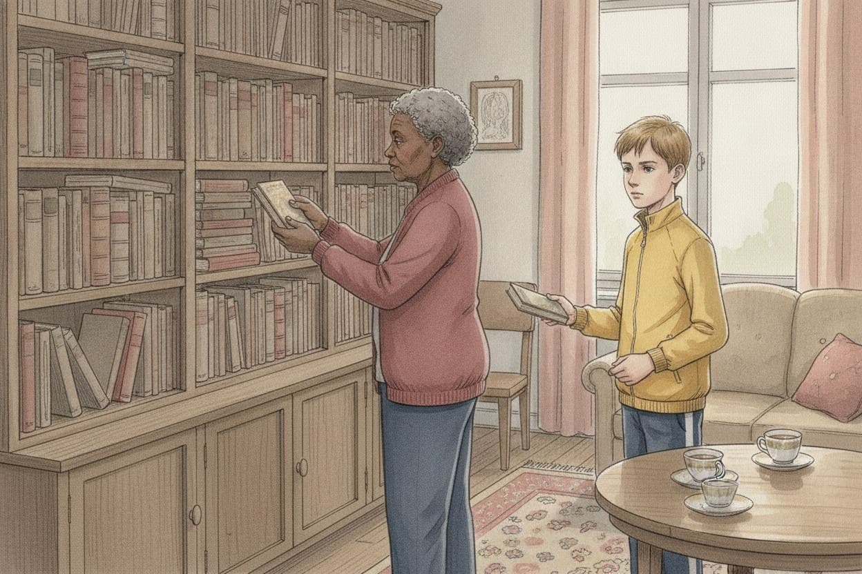 Wohnzimmer einer alten Frau, Bücherregal, sie zieht ein sehr schmales Buch heraus und hält es einem Jungen hin, zwei Tassen auf dem Tisch.