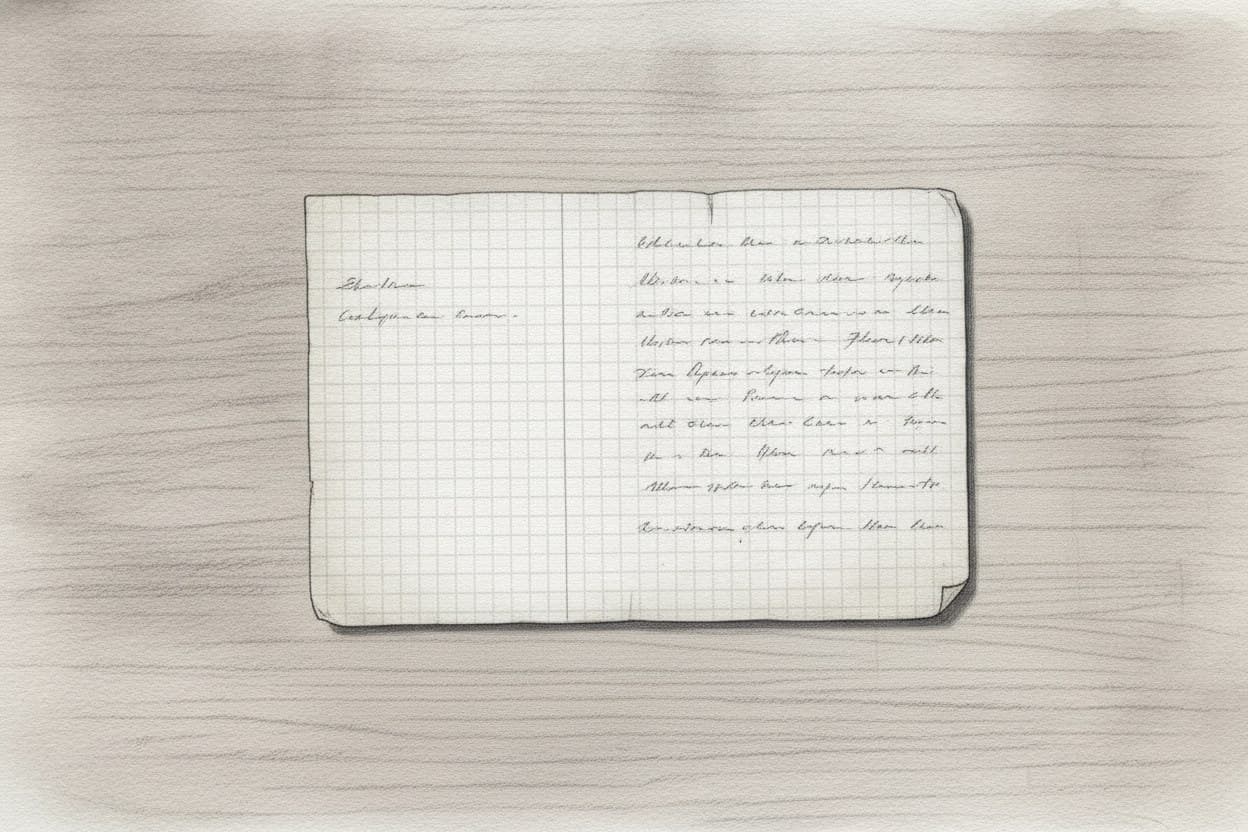 Der beschriebene Zettel formatfüllend von oben: links eine kurze Liste, rechts eine längere, die Handschrift eines Zwölfjährigen.