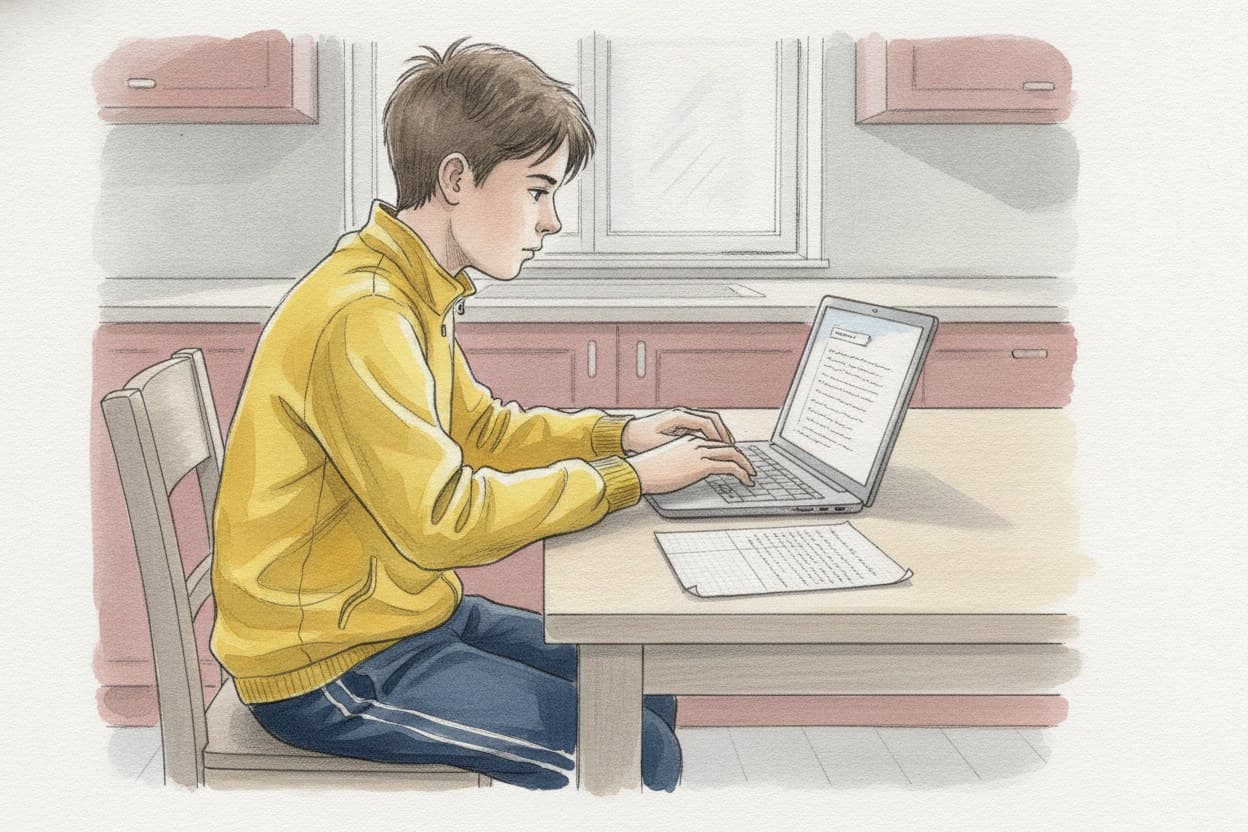 Ein Junge sitzt am Küchentisch vor einem Laptop und tippt sehr konzentriert eine kurze Mail; daneben liegt der Zettel mit den zwei Spalten.