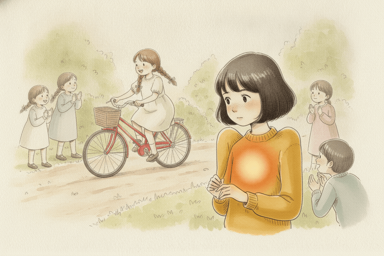Querformat 3:2; Aquarell und Tinte, körnig, warme Erdtöne, EIN Akzent: senfgelber Pullover (Figuren-Anker Frieda wie S.1). JULI-ANKER hier ausdrücklich wiederholen (zwei lange Zöpfe mit Bändern, Sommersprossen, helles schlichtes Kleid): Im Hintergrund fährt Juli stolze Runden auf dem roten Fahrrad (gedämpft, NICHT voll gesättigt), andere Kinder klatschen. Im Vordergrund Frieda etwas abseits, sie klatscht auch, aber ihre Schultern sind hochgezogen, der Blick geht ins Leere. DER KNOTEN (Bild-Konkretum wie S.4): das warme Orange-/Bernsteinglühen durch den senfgelben Stoff, zentriert auf der Brust — hier auf der INTENSITÄTSKURVE am DUNKELSTEN/INTENSIVSTEN Punkt: tiefer, gesättigter, fast pochend, aber weiterhin als Glühen hinter Stoff, kein Körperinneres. Das Licht um Frieda herum ist eine Spur kühler als im übrigen Garten.