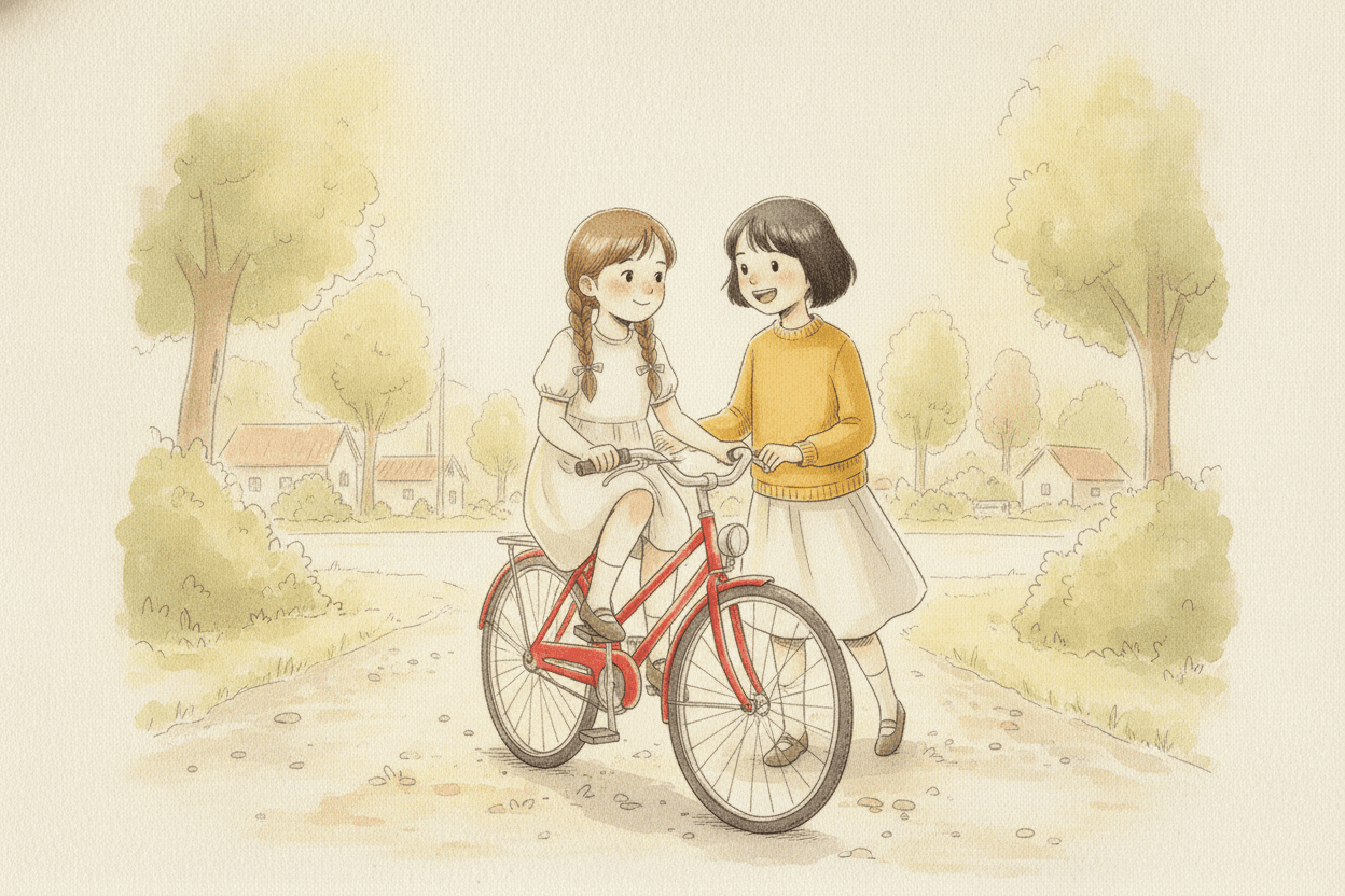 Querformat 3:2; Aquarell und Tinte, körnig, helle warme Morgentöne, EIN Akzent: Frieda trägt wieder den senfgelben Pullover (Figuren-Anker Frieda wie S.1; JULI-ANKER wie S.2: zwei lange Zöpfe, Sommersprossen, helles schlichtes Kleid). Szene: Am nächsten Tag. Frieda und Juli auf der Straße, Juli auf dem roten Fahrrad (hier wieder in VOLLER Sättigung, der zweite erlaubte Akzent), Frieda lächelnd daneben herlaufend. Diesmal ist Friedas Lächeln echt, auch in den Augen — aber im Bild ein winziger Moment des Zögerns, bevor sie aufsteigt (eine Hand kurz noch am Lenker, ehe sie sich setzt). Helles Tageslicht, lebendig, aber nicht zuckersüß. Der rote Akzent des Fahrrads und das Gelb des Pullovers nebeneinander.