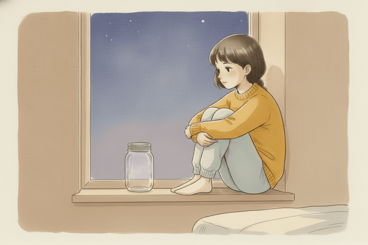 Querformat 3:2; Aquarell und Tinte, körnig, warme ruhige Abendtöne, EIN Akzent: der senfgelbe Pullover (Figuren-Anker Frieda wie S.1). Szene mit konkretem Anker: Frieda sitzt auf dem Fensterbrett ihres Zimmers in der Dämmerung, die Knie hochgezogen. Vor ihr auf dem Brett steht dasselbe leere Einmachglas mit Deckel, das schon auf S.7 dort stand — leer, klar, wartend; etwas, das sie eines Tages mit etwas füllen will, von dem sie noch nicht weiß, womit. Ihr Blick ruht auf dem Glas und geht zugleich ein wenig nach innen. Friedliches, offenes Bild, das die Schlussfrage trägt. Im Layout: nach dem Erzähltext drei Leerzeilen und ein kleines grafisches Trennelement (die zarte Kontur der Faust als Vignette), dann abgesetzt und in eigenem Schriftbild die direkte Frage ans Kind.