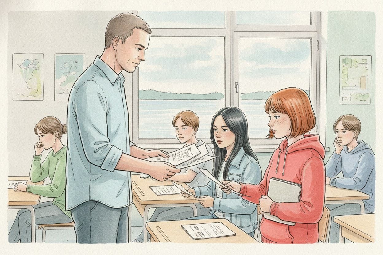 Klassenzimmer, ein Lehrer verteilt Kopien, auf denen ein kurzer Text steht; die Schüler sind mäßig interessiert.