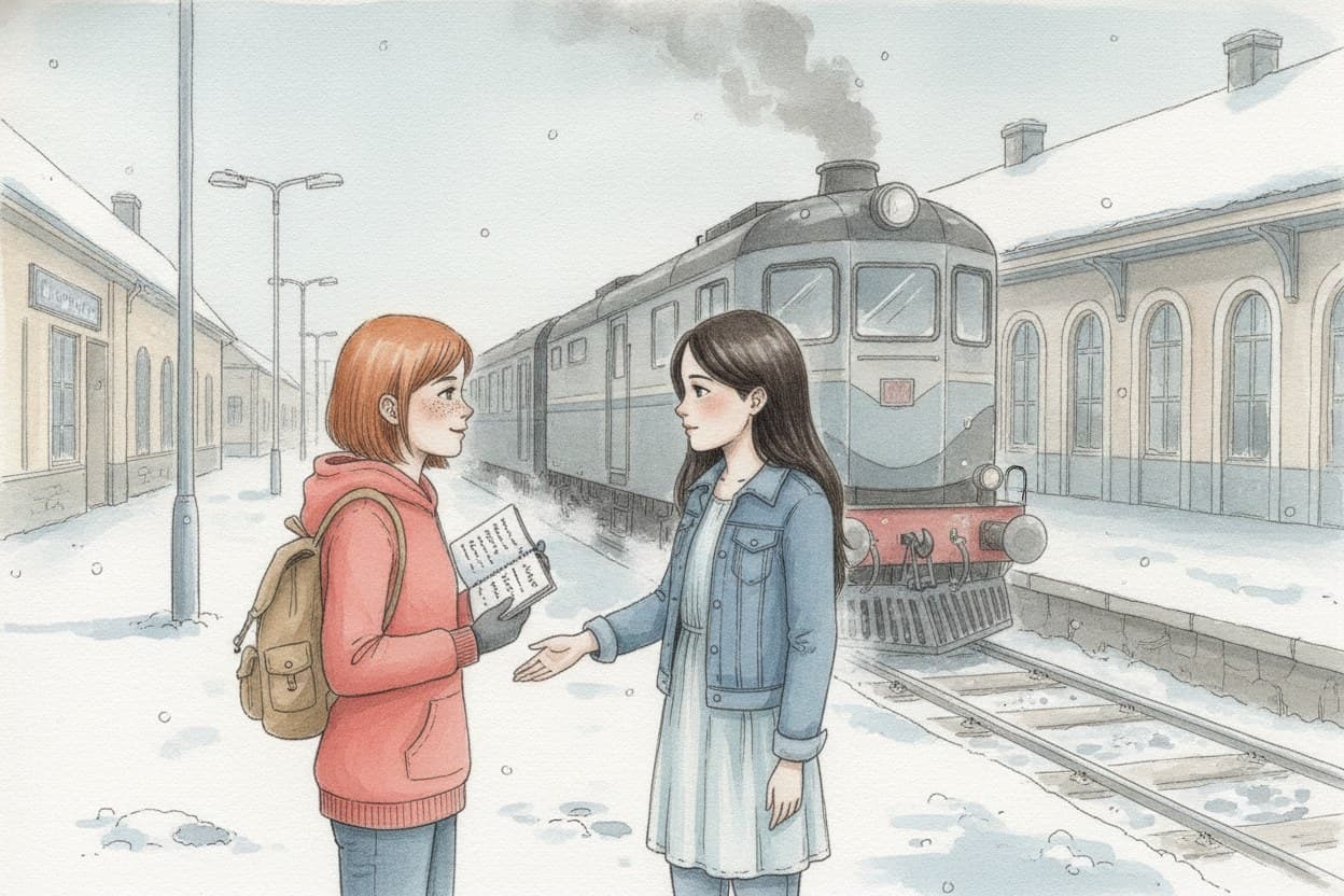Winterlicher Bahnsteig, zwei Mädchen begrüßen sich, eine mit Rucksack, hinter ihnen ein einfahrender Zug.