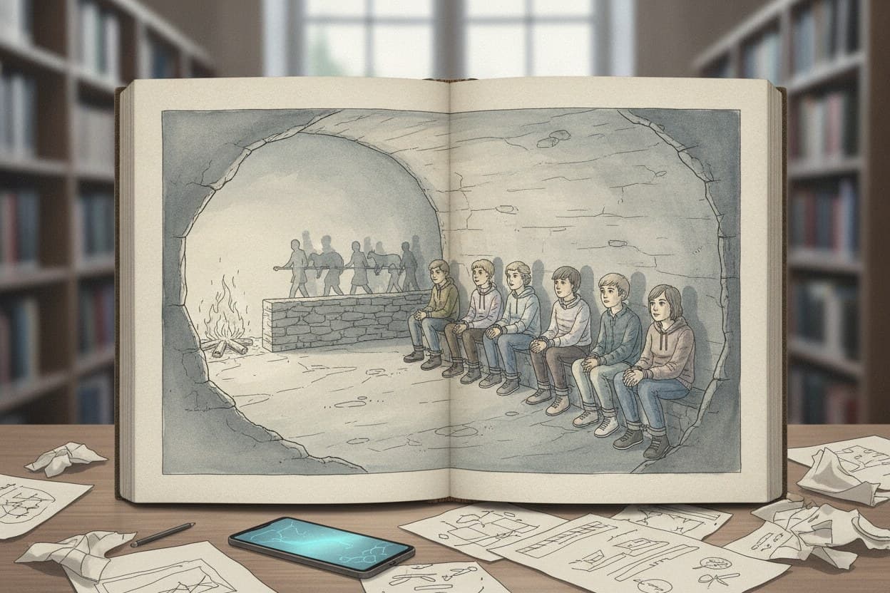 Bibliothek, aufgeschlagenes Buch mit einer schematischen Zeichnung der platonischen Höhle: Feuer, Mauer, Träger mit Figuren, angekettete Menschen.