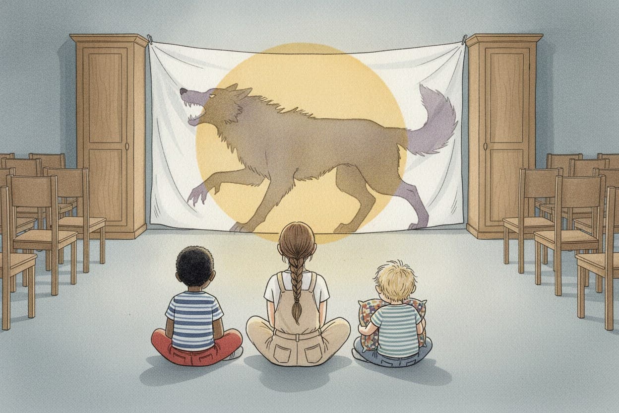 Gemeinschaftsraum mit Stuhlreihen, ein Laken zwischen zwei Schränken gespannt, warmes Lampenlicht dahinter.