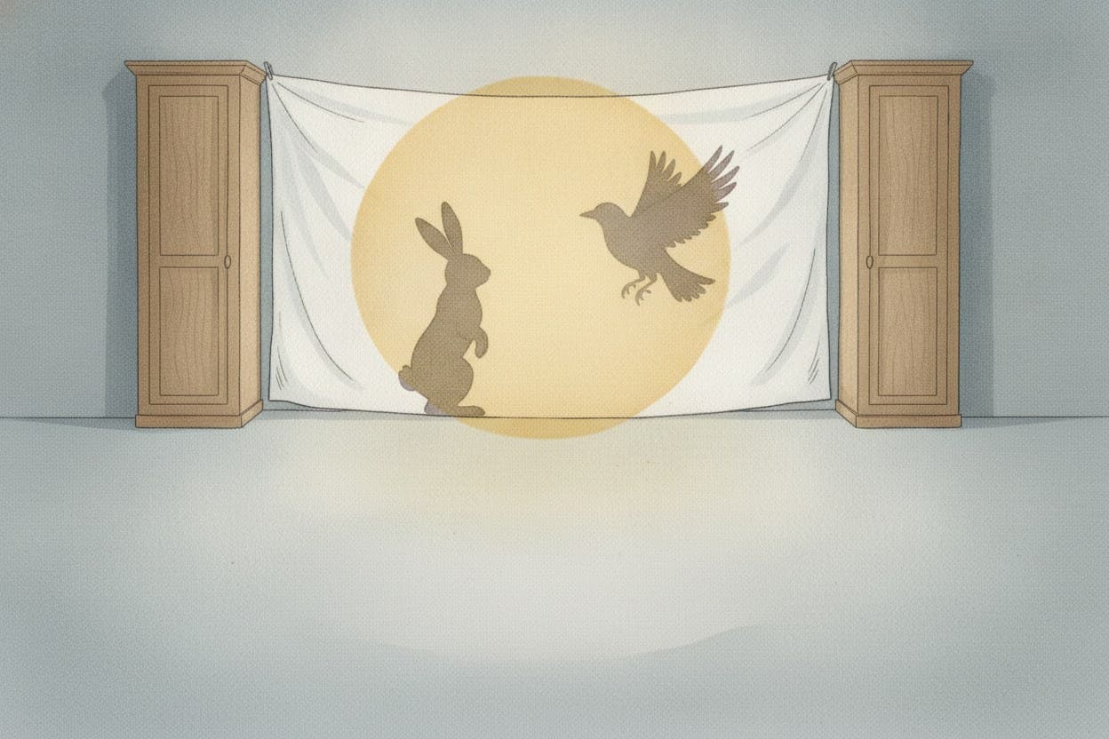 Schattenbilder auf dem Laken: ein Hase mit langen Ohren, ein Vogel im Flug.