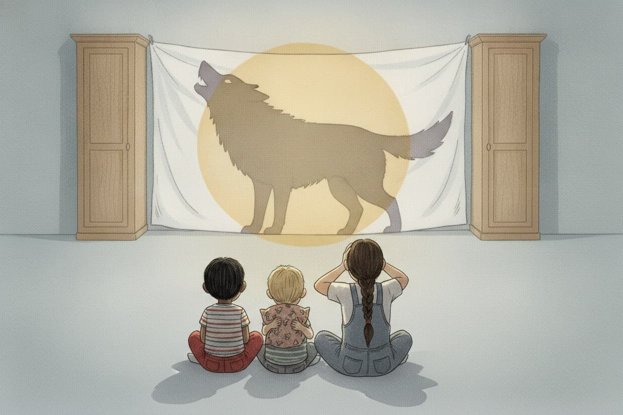 Der Wolfsschatten wird riesig, Kinder rücken zusammen, ein Kind hält sich die Augen zu.