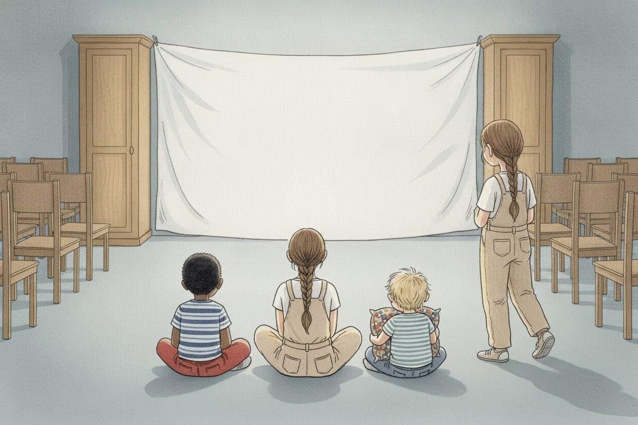 Nach der Vorstellung: Licht an, Laken hängt schlaff, Kinder gehen, Kito bleibt sitzen.