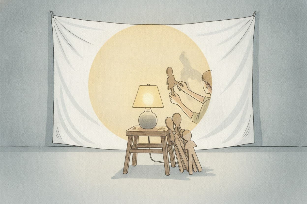Blick hinter das Laken: Lampe, ein Hocker, Pappfiguren an Stäben, Ruths Hände.