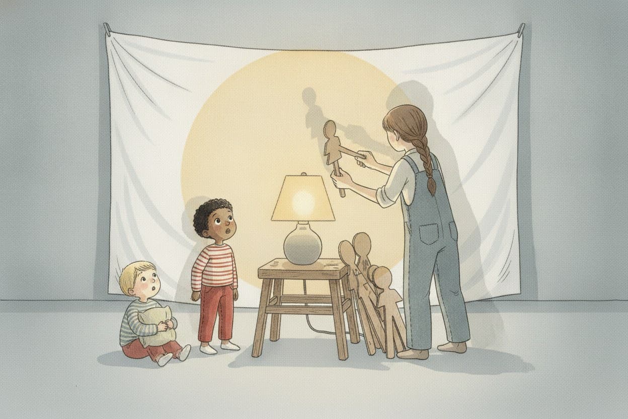 Ruth zeigt Kito, wie man die Figur nah an die Lampe hält, der Schatten wird riesig.