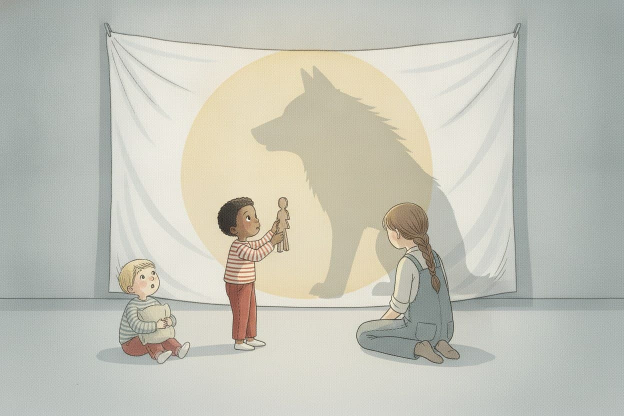 Kito hält selbst die Figur, sein eigener Schatten und der Wolf verschmelzen auf dem Laken.