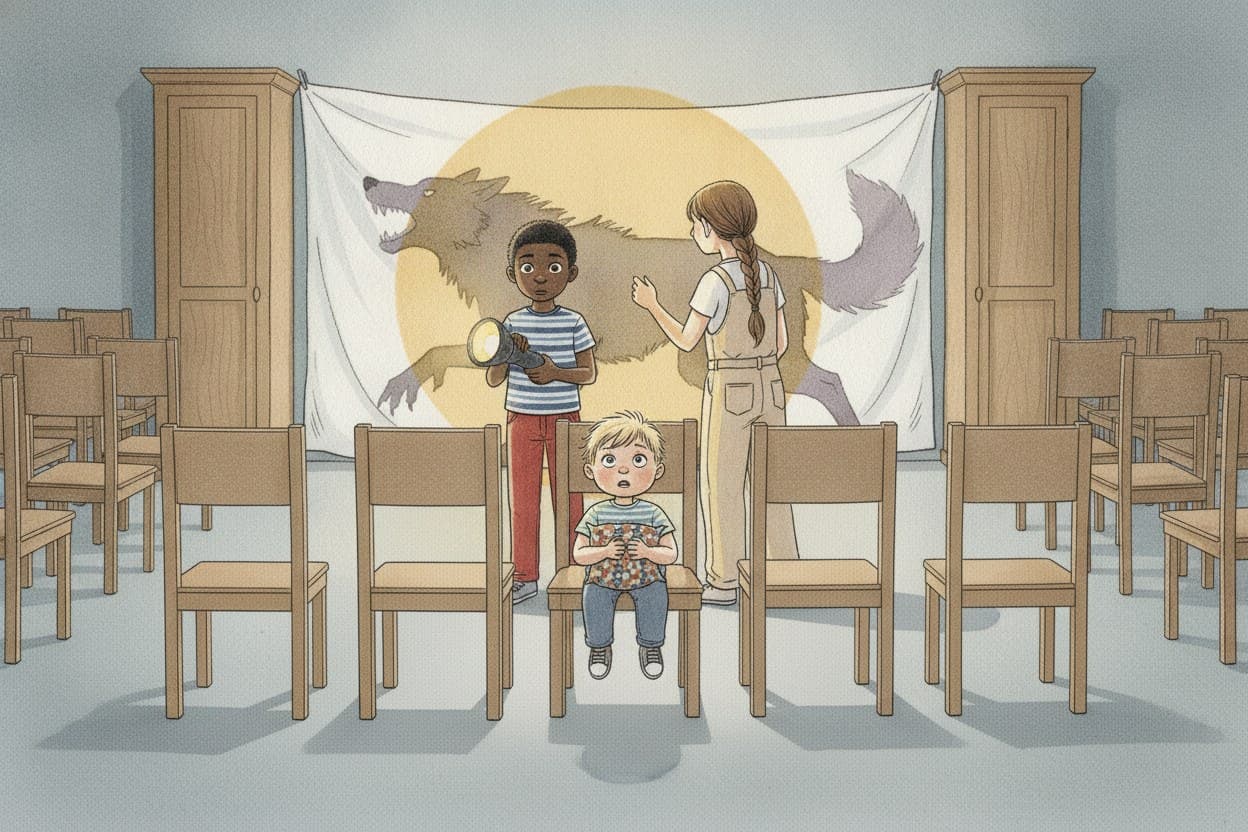 Nächster Freitag: Kito hinter dem Laken neben Ruth, davor die Stuhlreihe mit Lasse, der die Augen aufreißt.