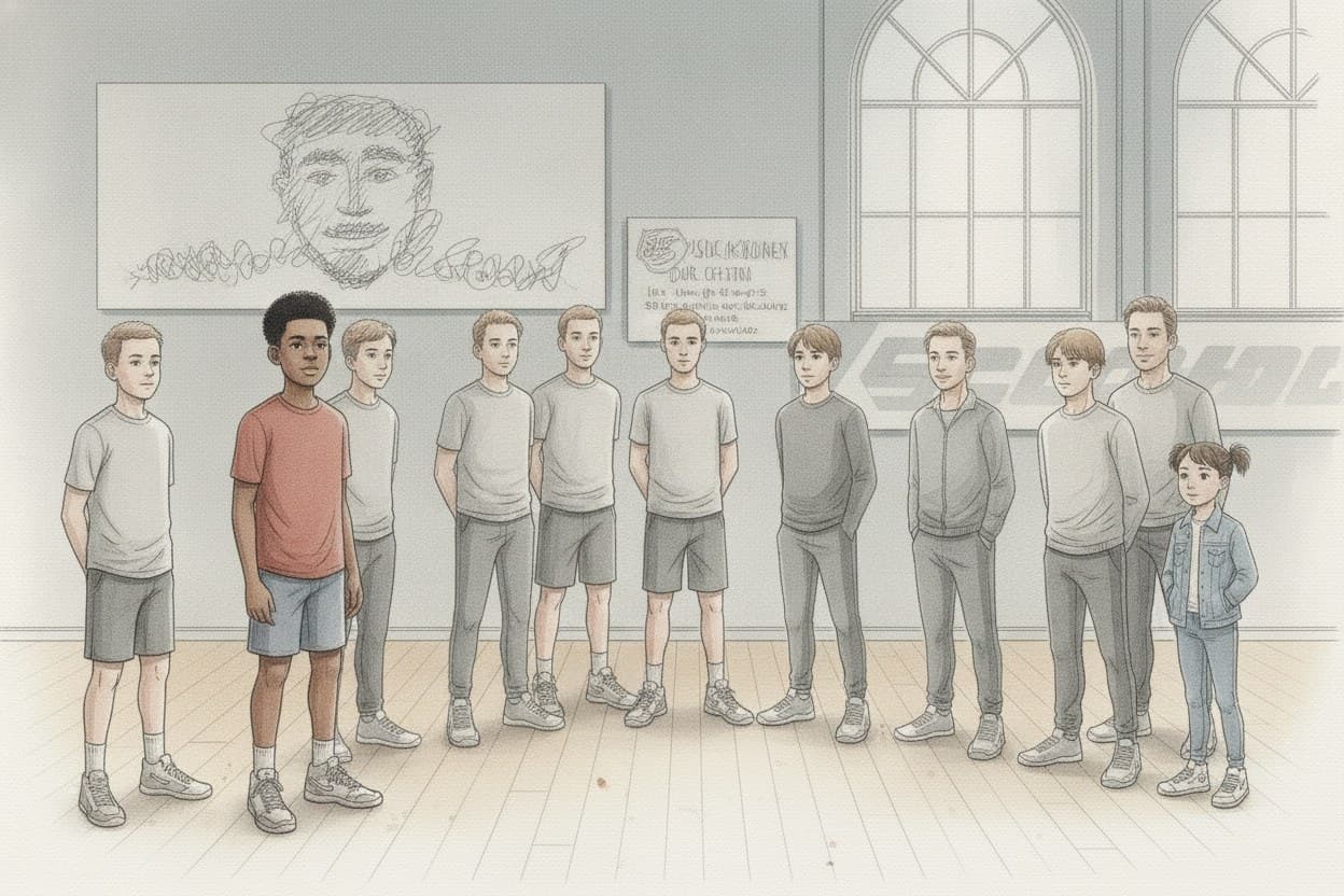 Turnierabend, Mannschaft in neuen Trikots im Kreis, ein Junge am Rand mit einem alten Shirt, das Plakat mit einem anderen Gesicht darauf an der Wand.