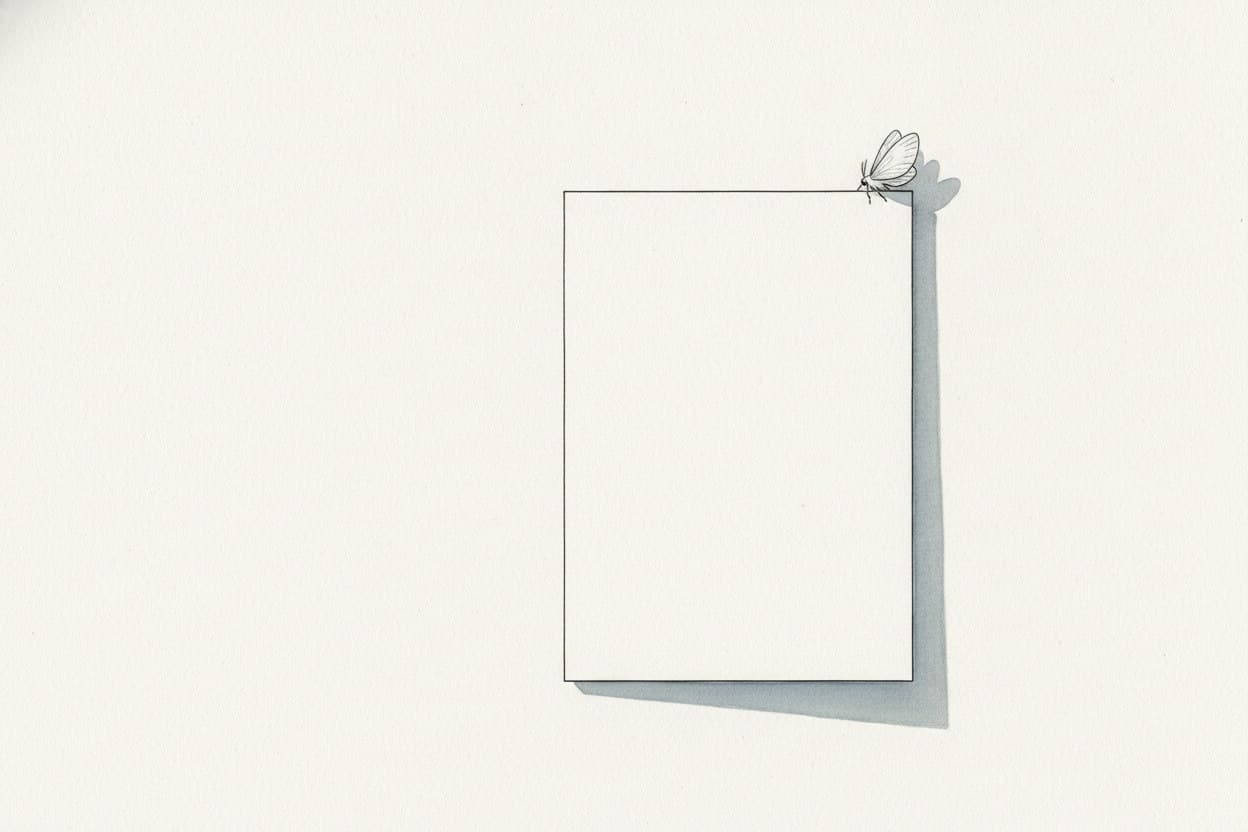 Sehr helle, fast leere Seite: ein leeres Plakat lehnt an einer Wand, ein schmaler Schatten fällt darüber; auf der oberen Kante sitzt ein blasser, fast weißer Falter.