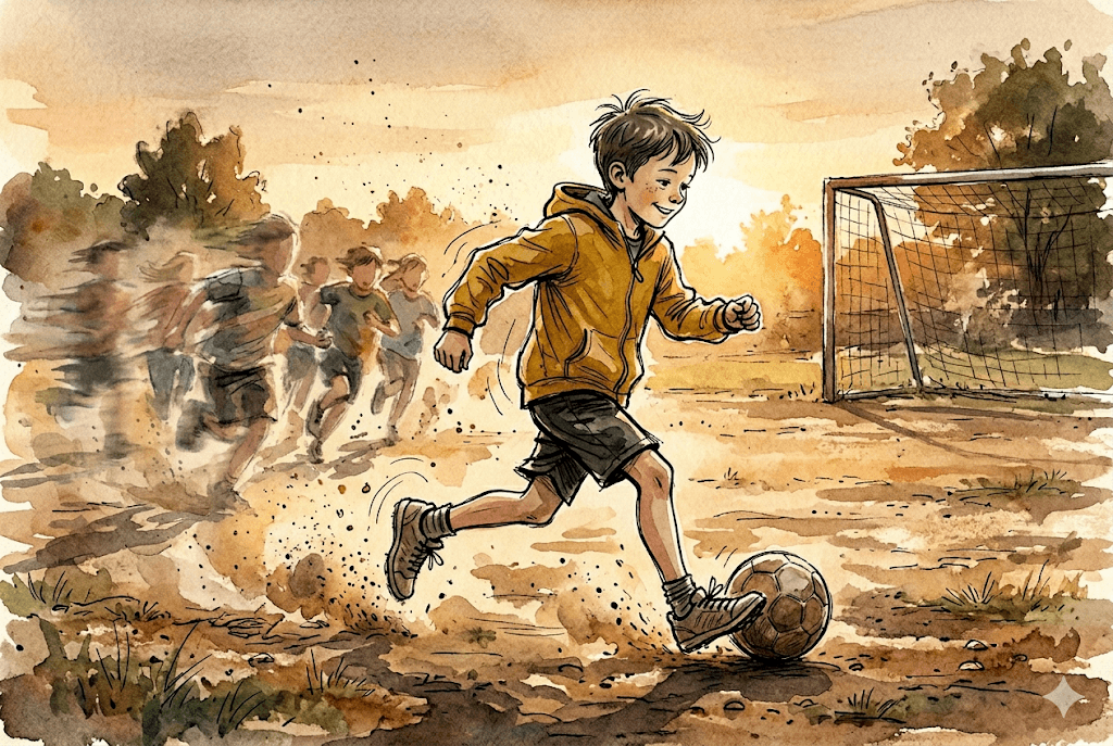 Querformat 3:2; Aquarell und Tinte, lockere Federlinie, sichtbare Pinselspuren, Papierkorn, körnig; warme Erdtöne, niedrige Sättigung, EIN Akzent: die senfgelbe Jacke. Lukas-Anker: schmaler Junge, zehn, kurzes dunkelblondes Haar, wenige Linien, ernst, keine Kulleraugen. Szene: Lukas rennt voller Freude über den Bolzplatz, andere Kinder als unscharfe Bewegung dahinter, der Ball klebt an seinem Fuß. Staub im Gegenlicht. Bewegung, Glück, lockere Tuschelinien.